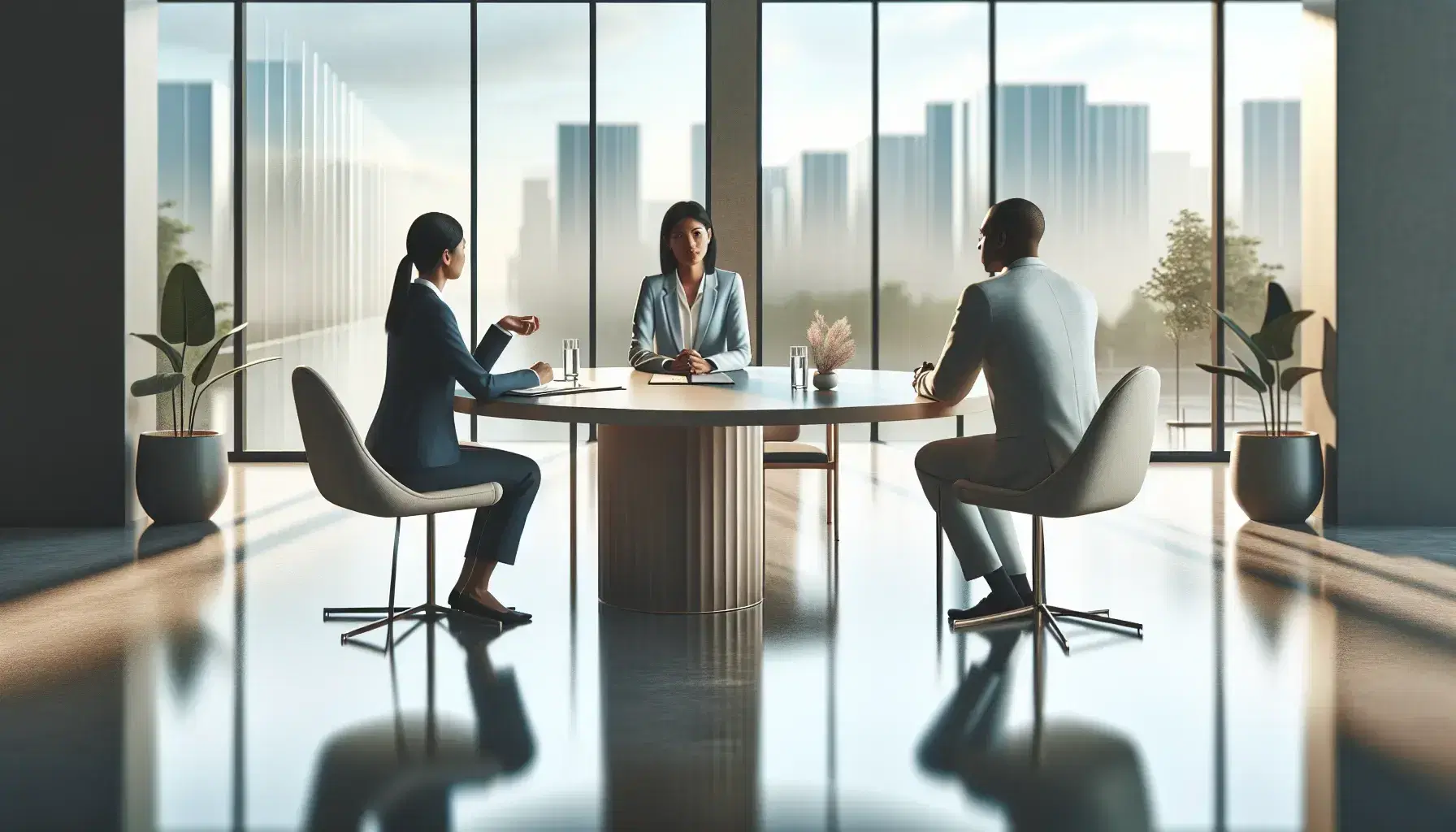 Modern office performance review with a South Asian woman and a Black man discussing over a round table, digital tablet, and papers in a well-lit room with city views.