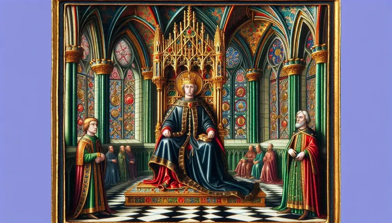 Miniatura gotica di una scena di corte medievale con figura regale su trono decorato, cortigiani in abiti eleganti e architettura gotica con vetrate colorate.