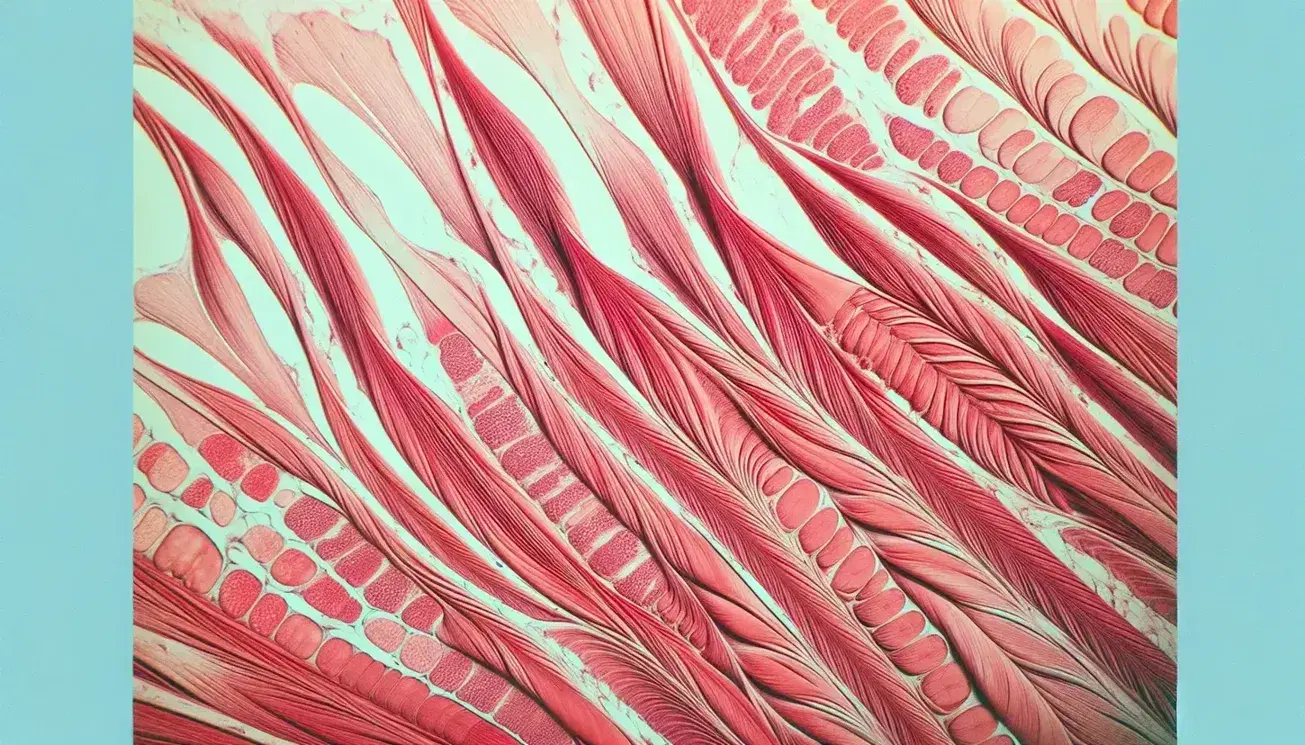 Vista microscópica de fibras musculares humanas entrelazadas en tonos rojos y rosas, mostrando la textura y disposición lineal del tejido muscular.