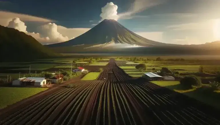 Volcán conico con cima plana emitiendo humo sobre campo cultivado con surcos y casas con techos rojos en paisaje fértil.