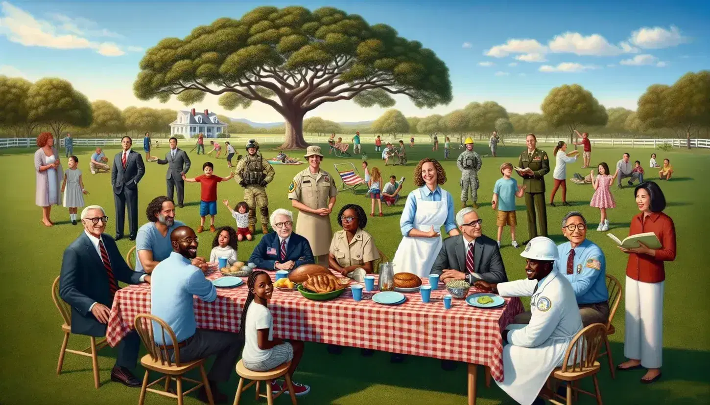 Multicultural meeting in park with smiling african man in suit, military woman, hispanic doctor, asian worker and middle eastern teacher.