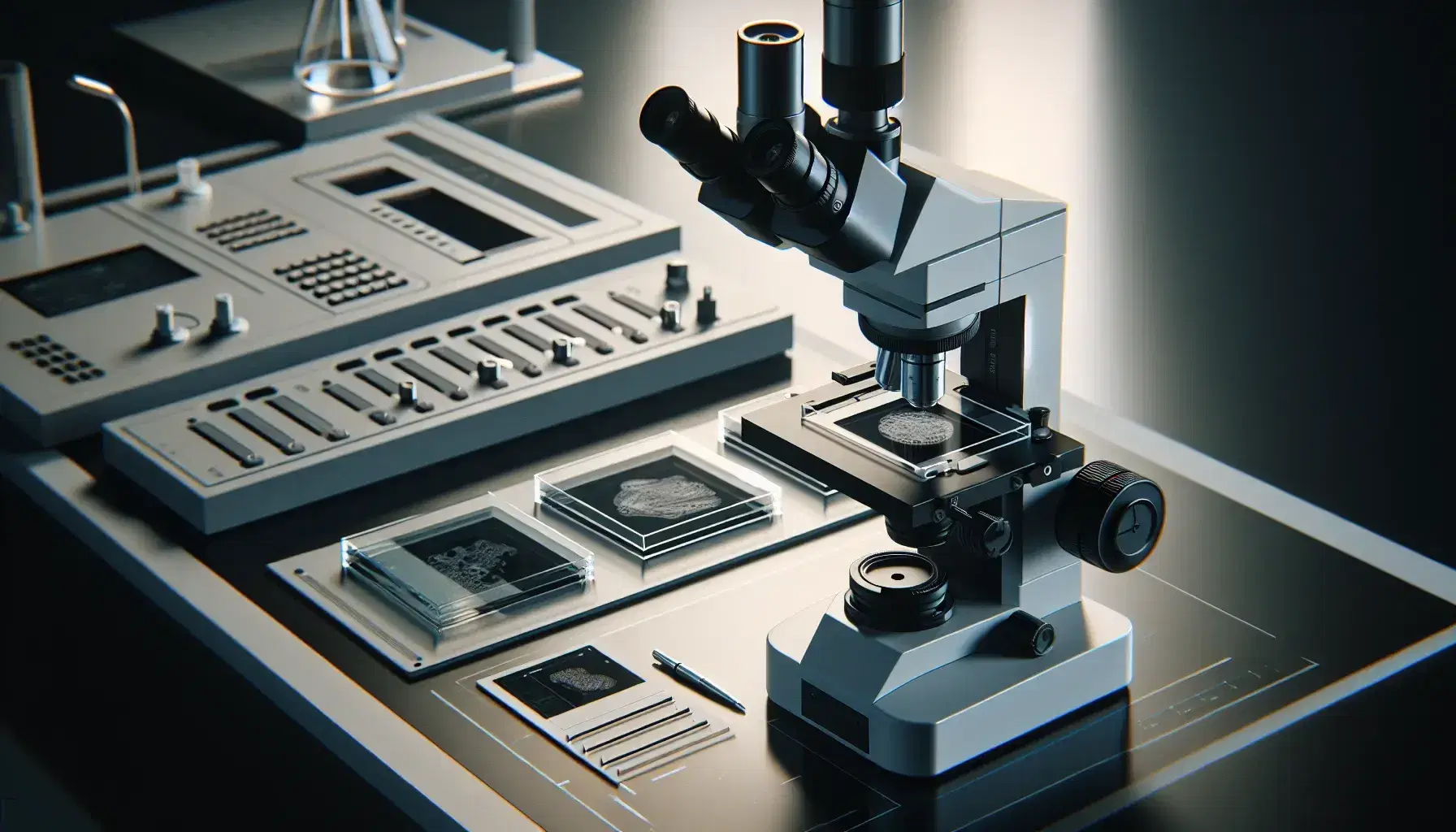 Microscopio óptico moderno en laboratorio con base blanca y brazo negro, lentes y portaobjetos de vidrio alineados, equipo de laboratorio gris al fondo.