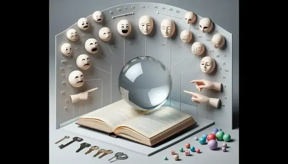 Libro aperto con sfera trasparente sopra, mazzo di chiavi a sinistra, dito indice a destra, palline colorate in primo piano e maschere teatrali.
