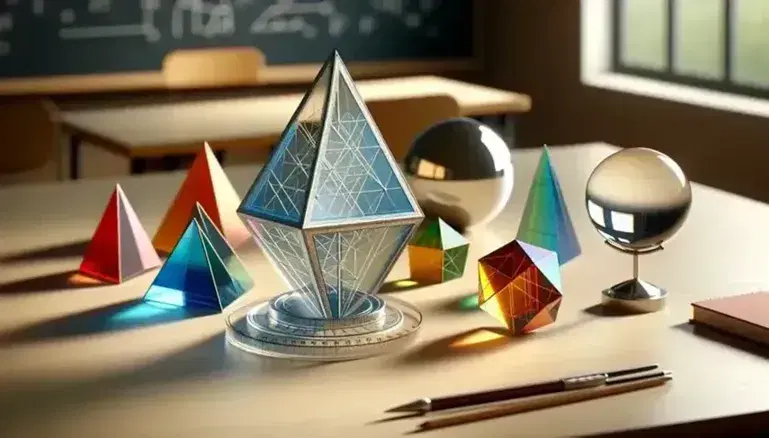 Modelli geometrici su scrivania scolastica con triangolo equilatero blu, sfere riflettenti e solidi platonici colorati, compasso metallico in primo piano.