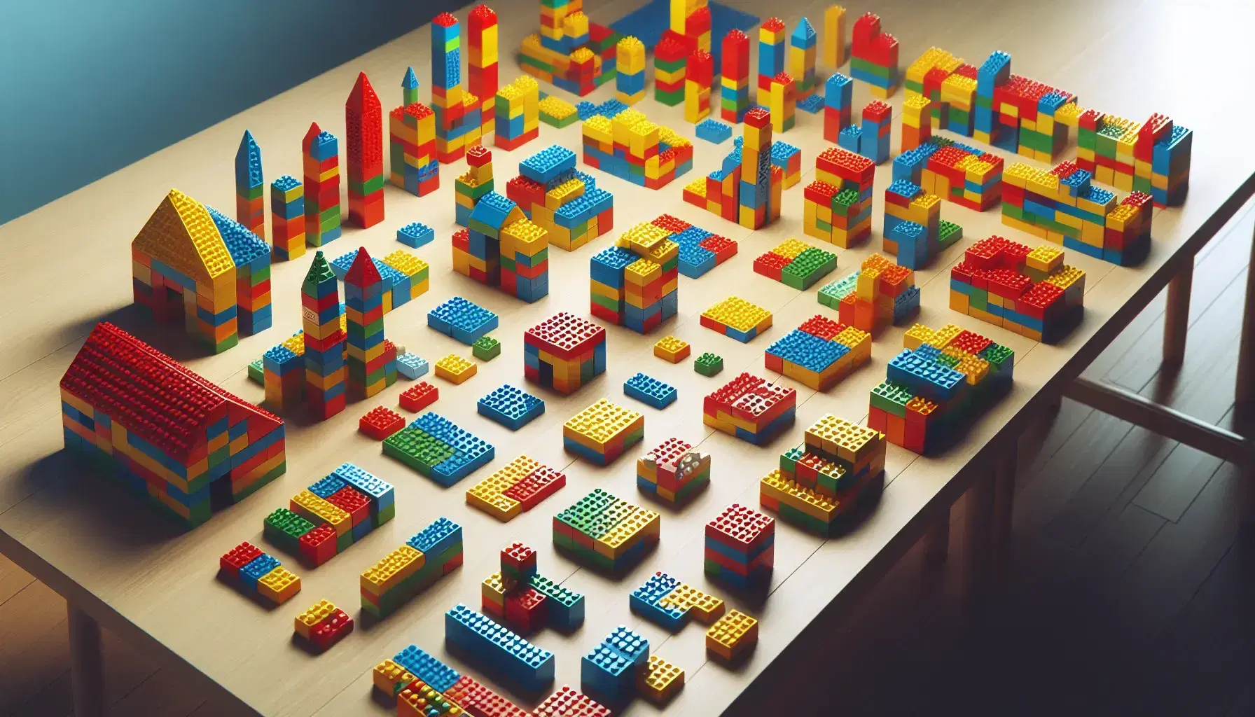 Blocchi colorati di costruzione per bambini su tavolo in legno chiaro, con strutture simili a torre e casa.