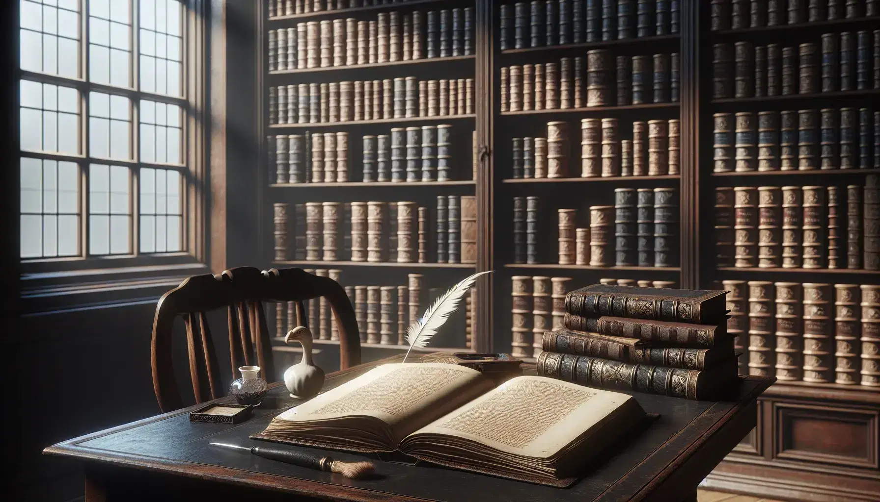 Biblioteca antigua con mesa de madera y libro abierto sin texto, pluma y tintero al lado, estantes llenos de libros y silla vacía, luz suave y alfombra persa.