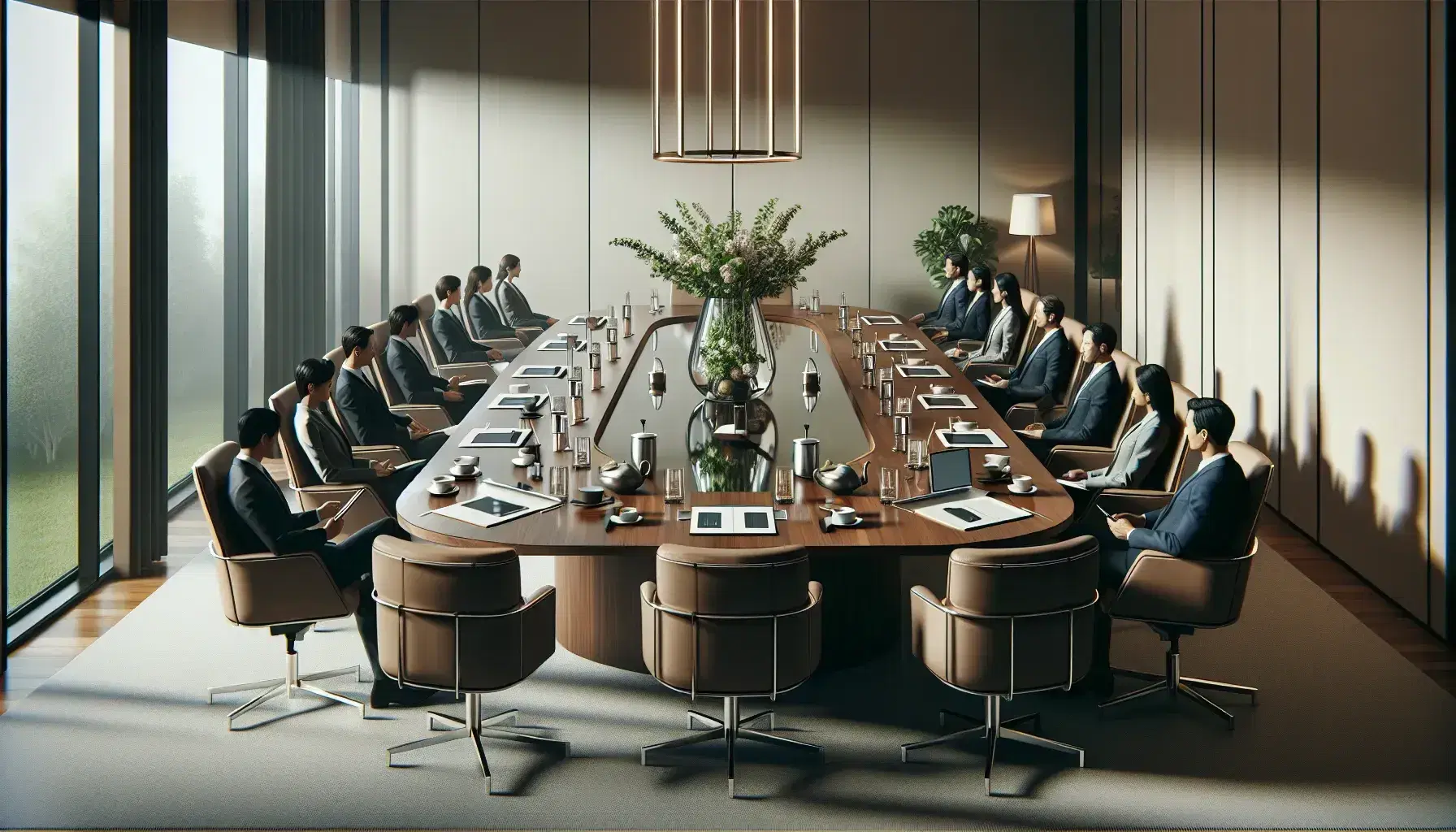 Diverse business professionals engaged in a strategic planning meeting around an oval table with digital devices, coffee mugs, and a foliage centerpiece.