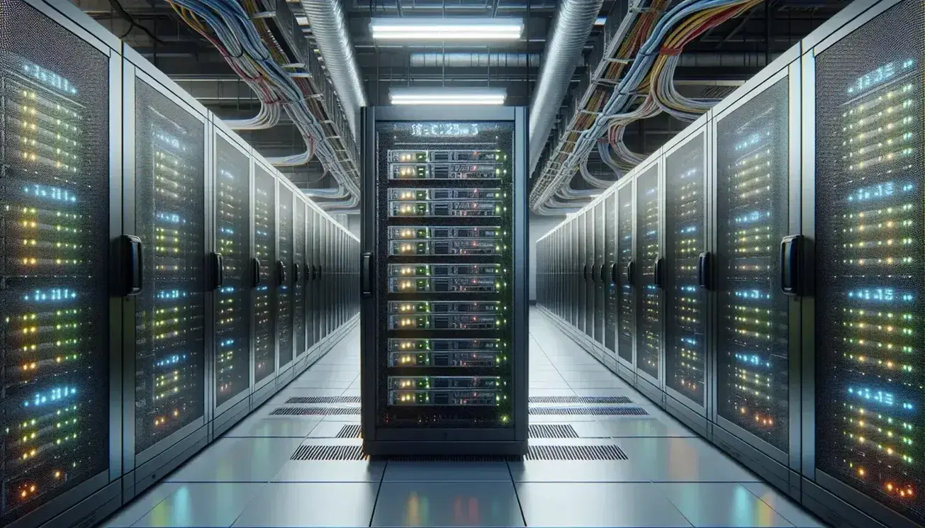 Modern data center with aligned server racks, LED lights, organized red and yellow cables, cooling system and grated floor.