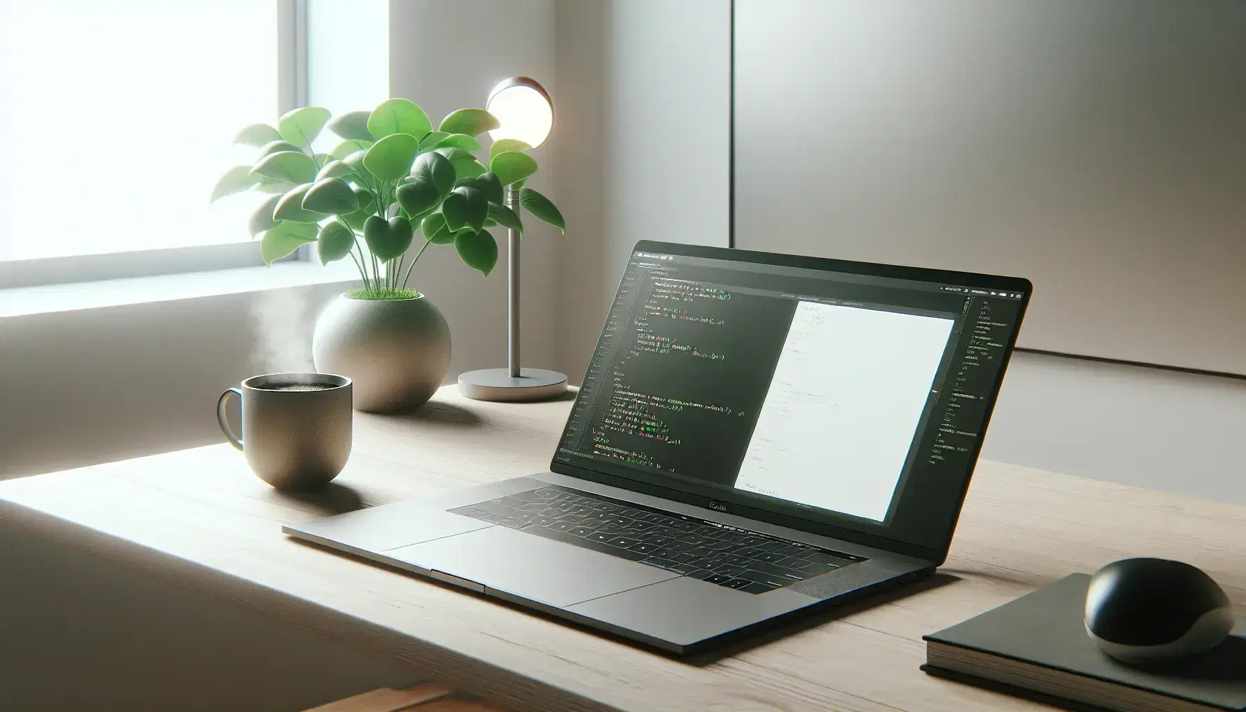 Minimalist workspace with open laptop, green plant and cup of coffee on light wooden desk, natural light from blurry window.