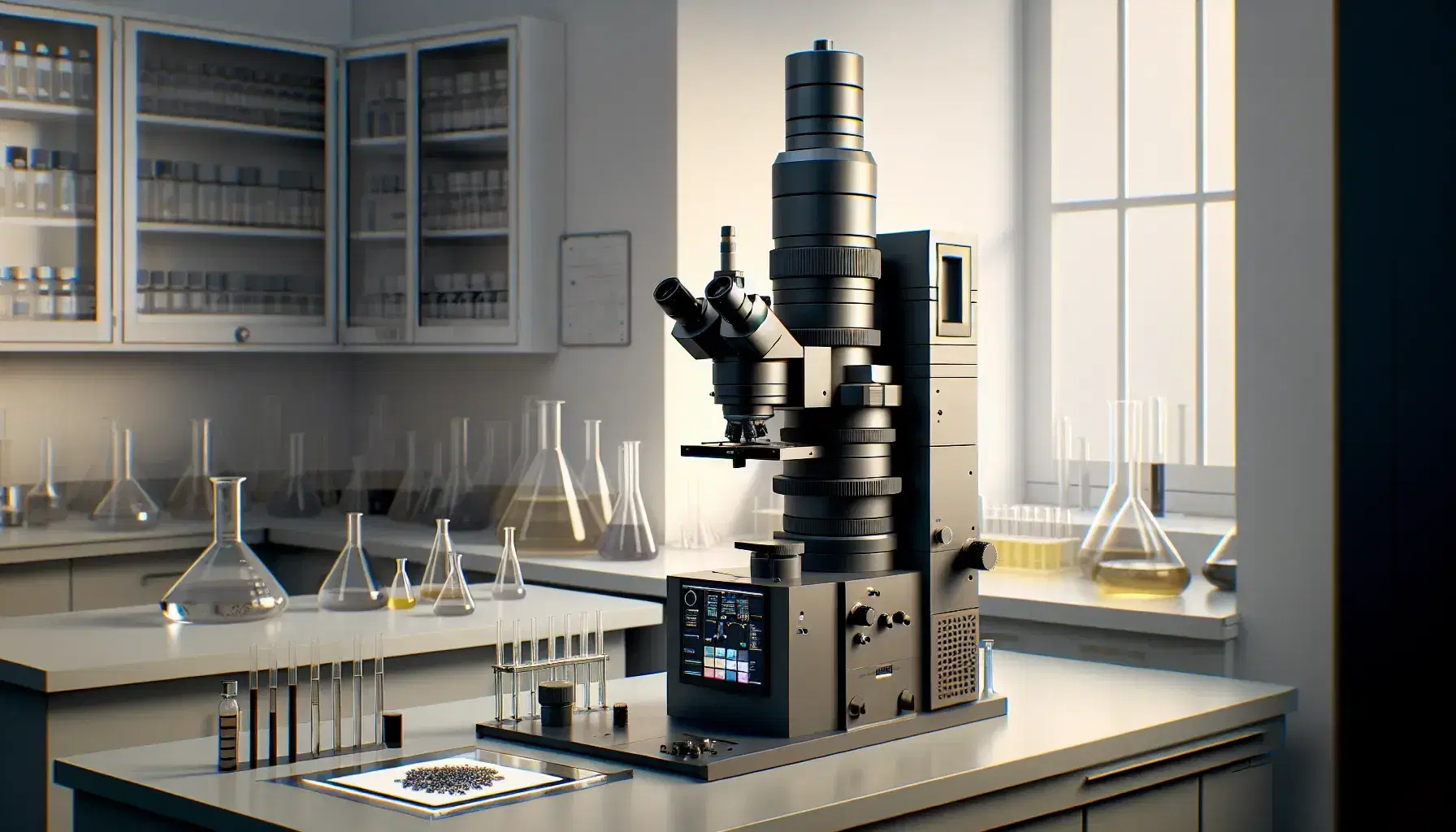 Microscopio elettronico a trasmissione grigio scuro su tavolo da laboratorio chiaro con vetrino e campione biologico, sfondo con flaconi di vetro.