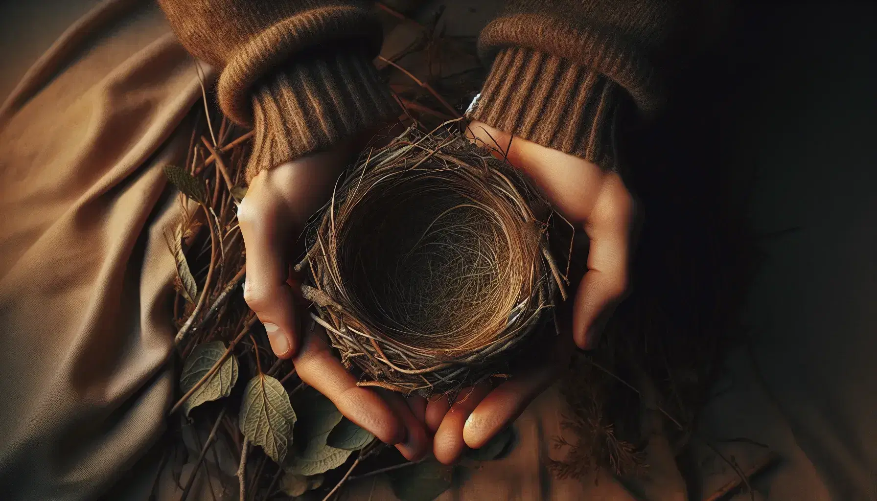 Human hands delicately supporting an empty bird's nest entwined with branches and leaves, on blurred earth-toned background.