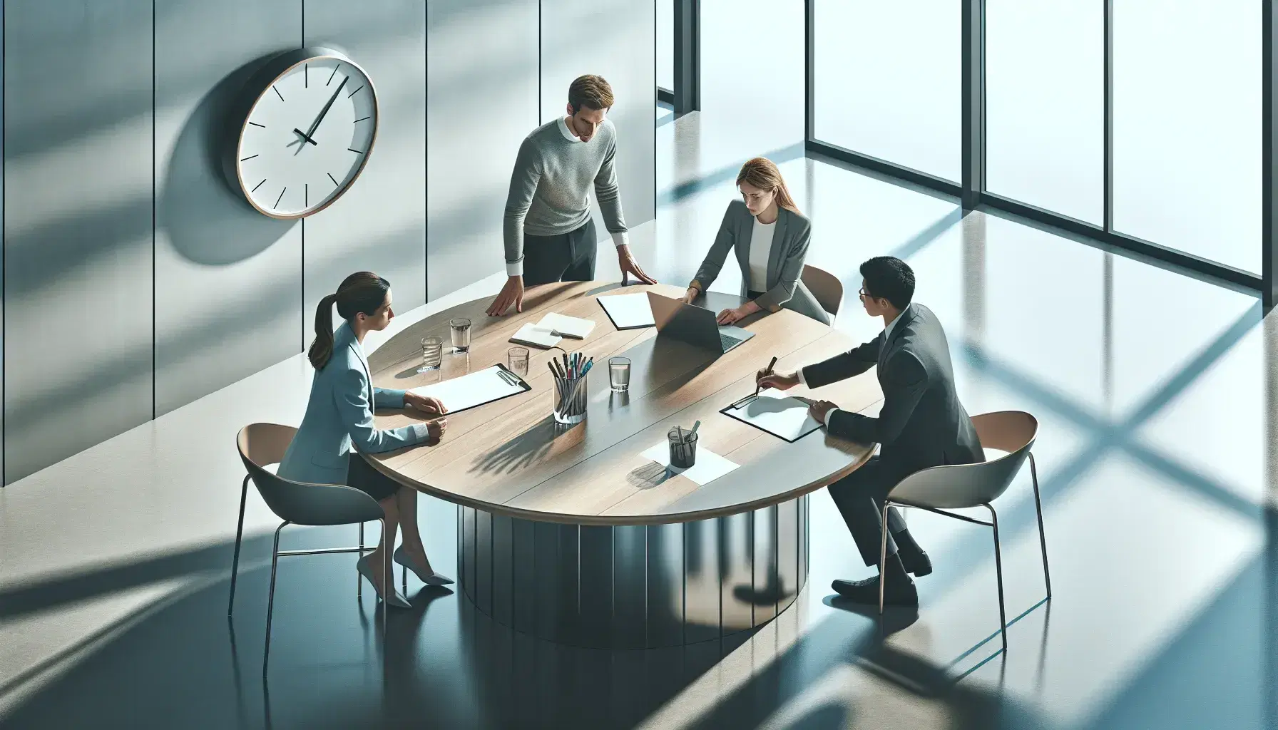 Three professionals collaborate around an oval table with a laptop, papers, and markers in a bright, modern office setting.