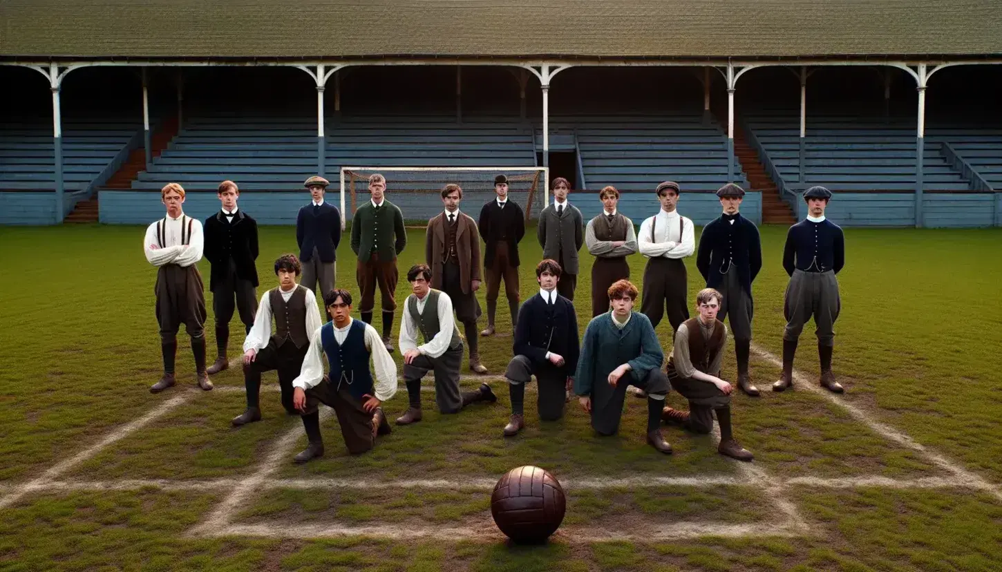 Grupo de jugadores de fútbol en atuendos de principios del siglo XX posando en campo de juego con balón de cuero y gradas al fondo.