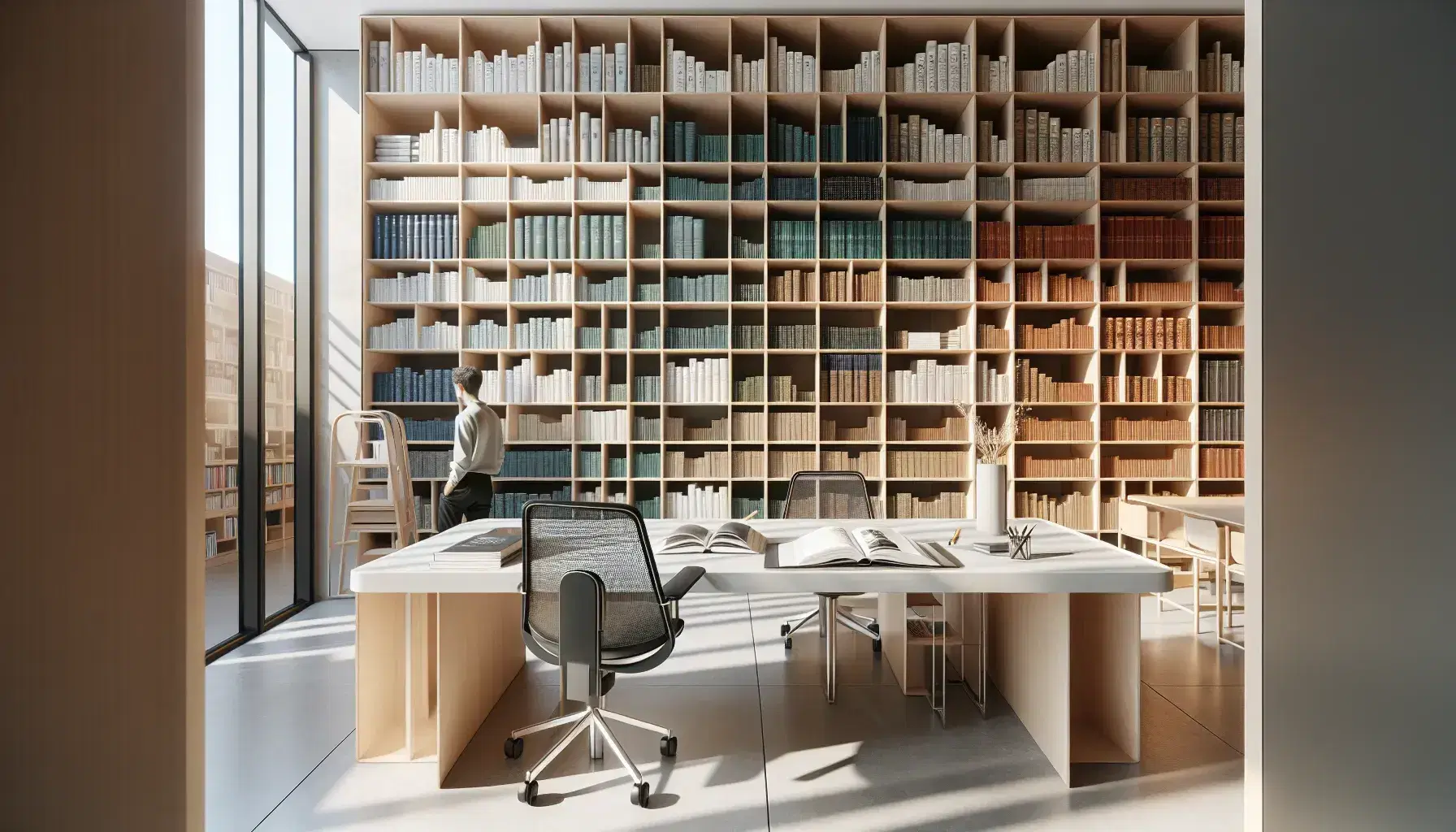 Biblioteca moderna y luminosa con estanterías de madera y libros de colores, mesa de estudio con libros y gafas, silla ergonómica y persona al fondo.