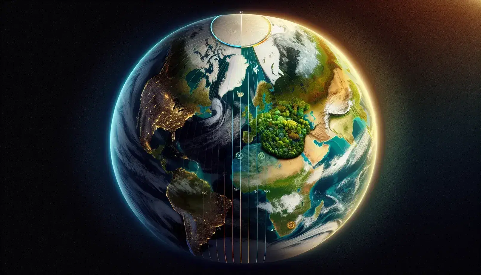 Vista satellitare della Terra con equatore, zone climatiche tropicali, temperate e polari, e gradiente di illuminazione solare.