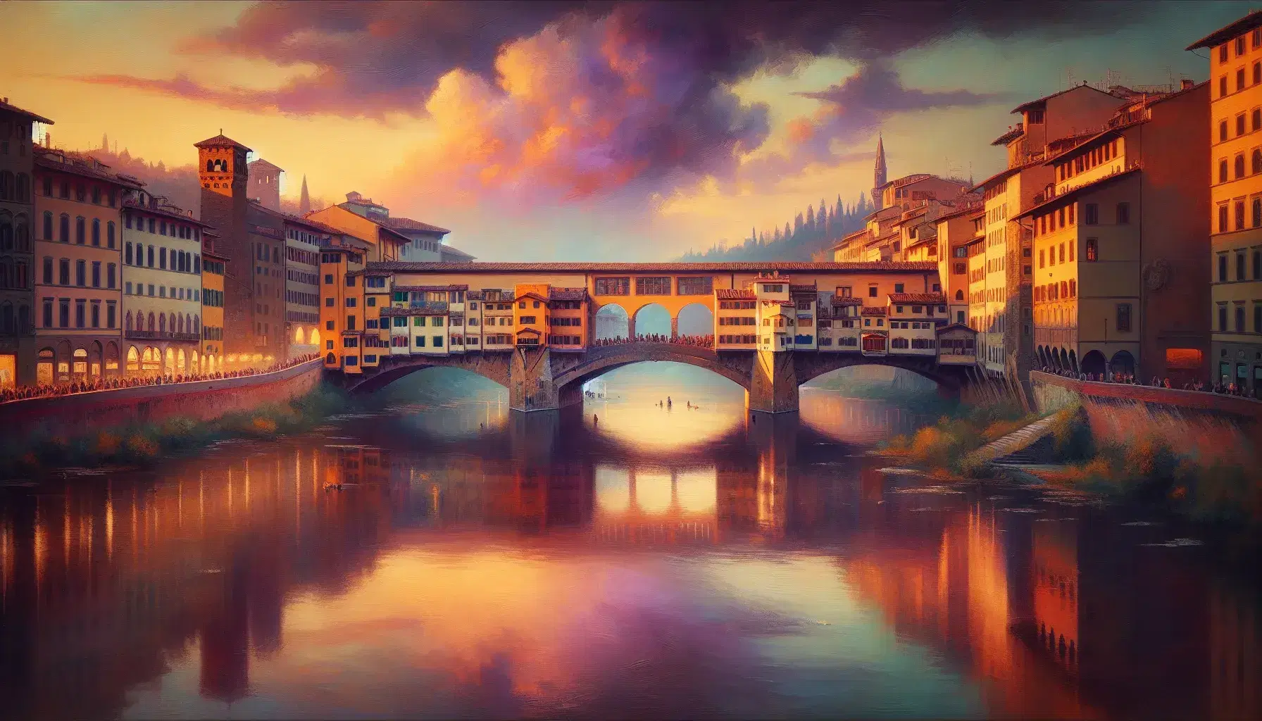Ponte Vecchio al tramonto con riflessi sul fiume Arno, cielo colorato e sagome di persone sulla riva a Firenze.