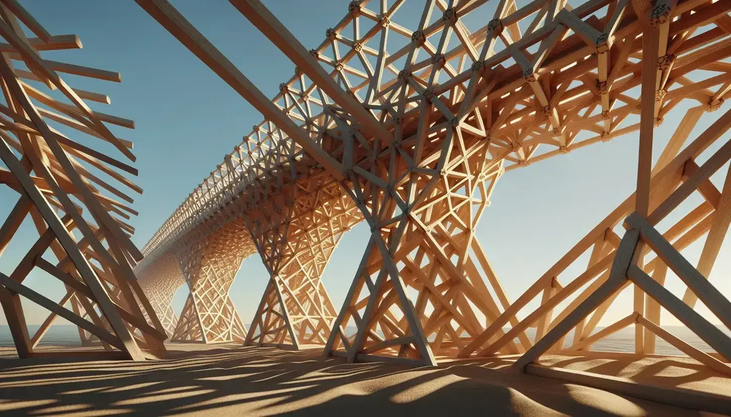 Wooden truss bridge with equilateral triangular design, light brown beams, and vertical supports against a clear blue sky with soft shadows.