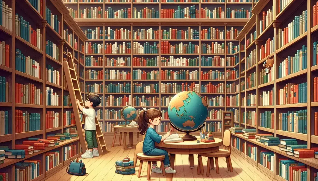 Scena vivace in biblioteca con scaffale pieno di libri colorati, ragazza che legge al tavolo, ragazzo che sceglie un libro e globo terrestre in primo piano.