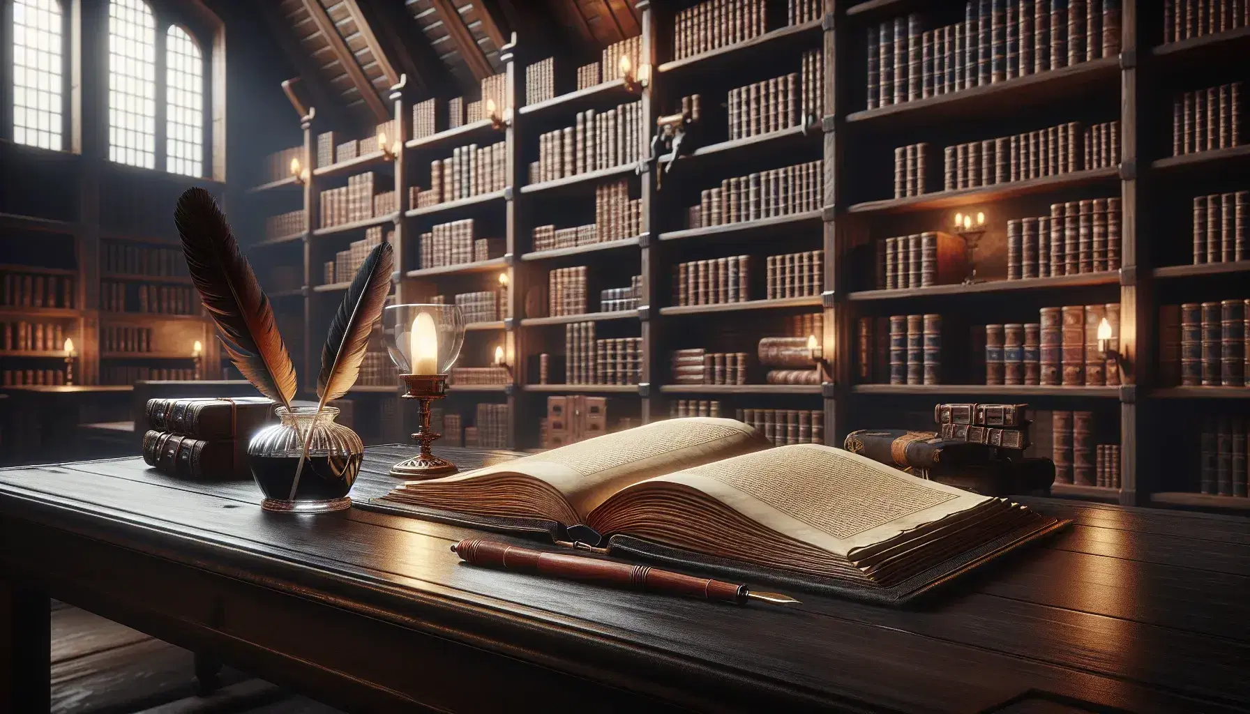 Scena di biblioteca antica con scrivania in legno scuro, libro aperto, calamaio con penna, scaffali pieni di libri rilegati e globo antico.
