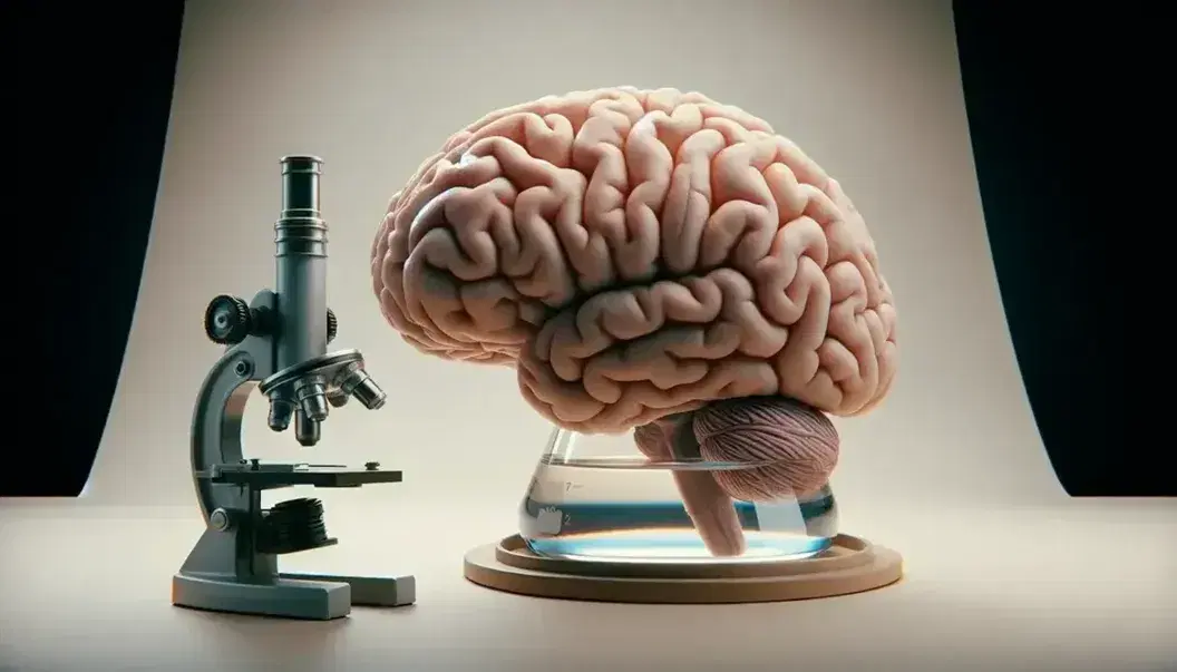 Detailed lateral view of a human brain with gyri and sulci, alongside a microscope and a flask with blue liquid on a neutral background.