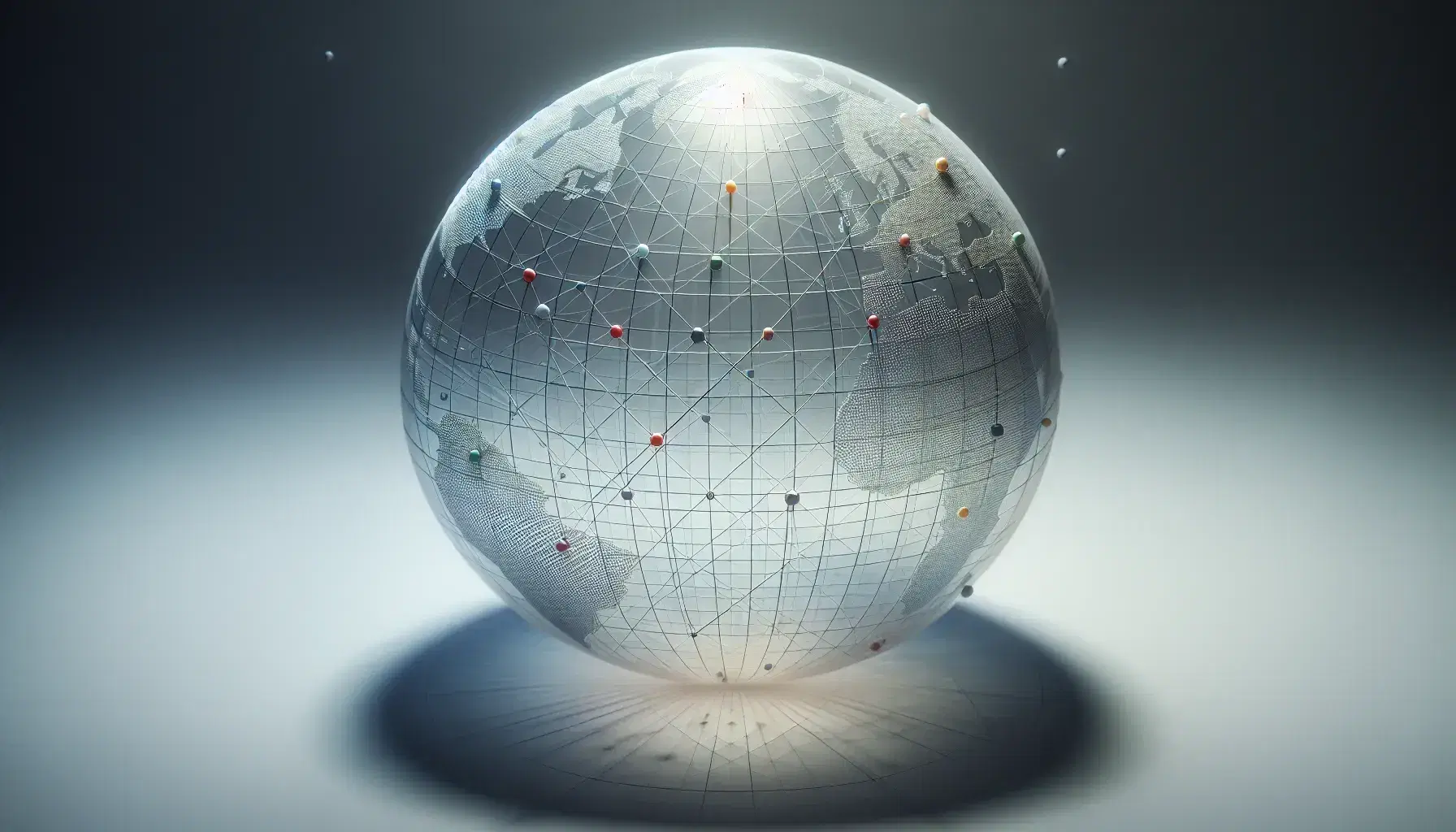 Translucent 3D globe with white grid lines and colorful spheres at various coordinates, casting a soft shadow on a gradient background.