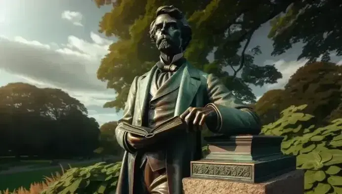 Estatua de bronce de hombre pensativo con traje y libro en mano, sobre pedestal de piedra en parque soleado con árboles y cielo azul.