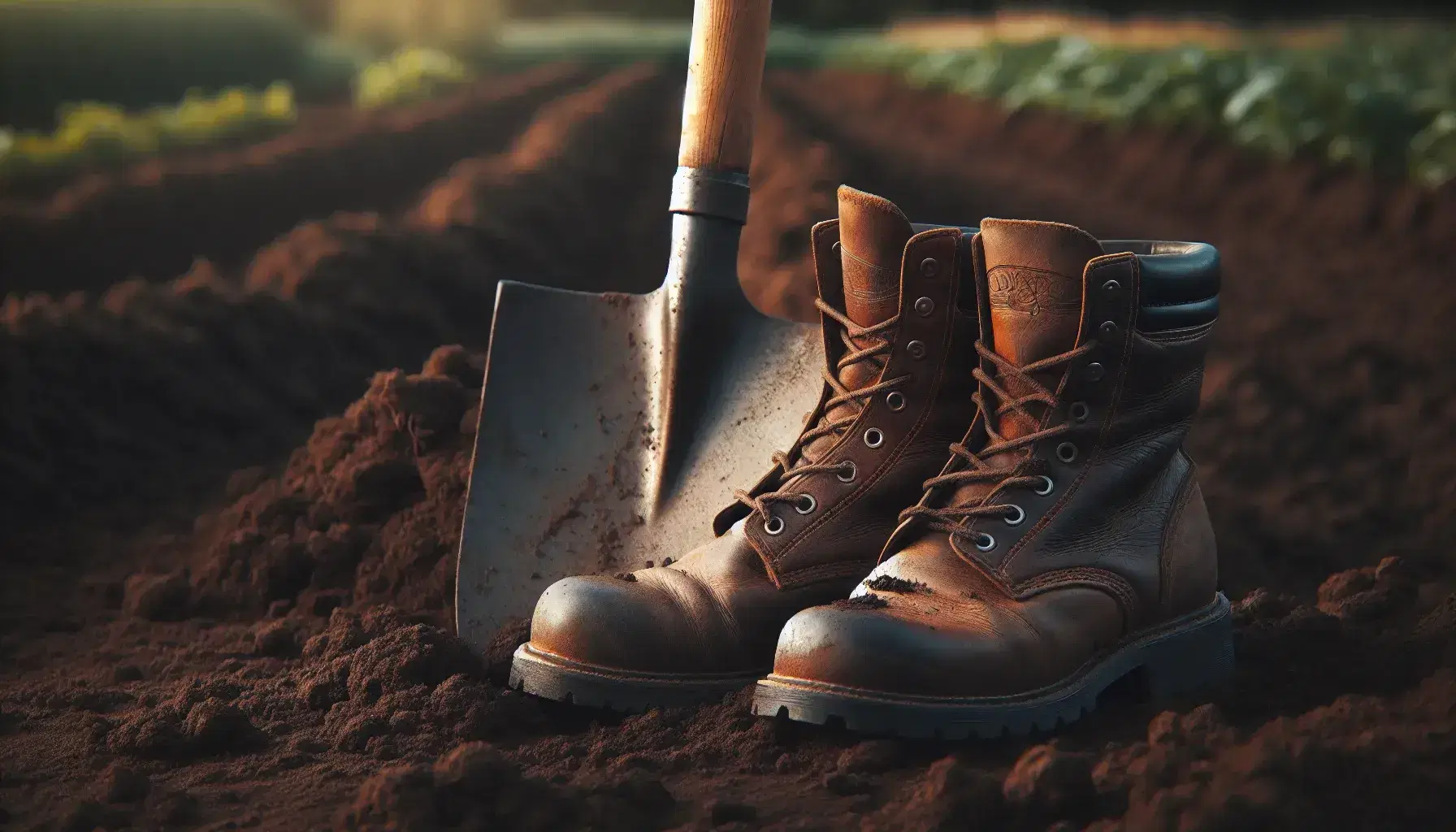 Worn leather work boots and a used spade in soil, with a backdrop of greenery, highlighting frequent gardening or farming activity.