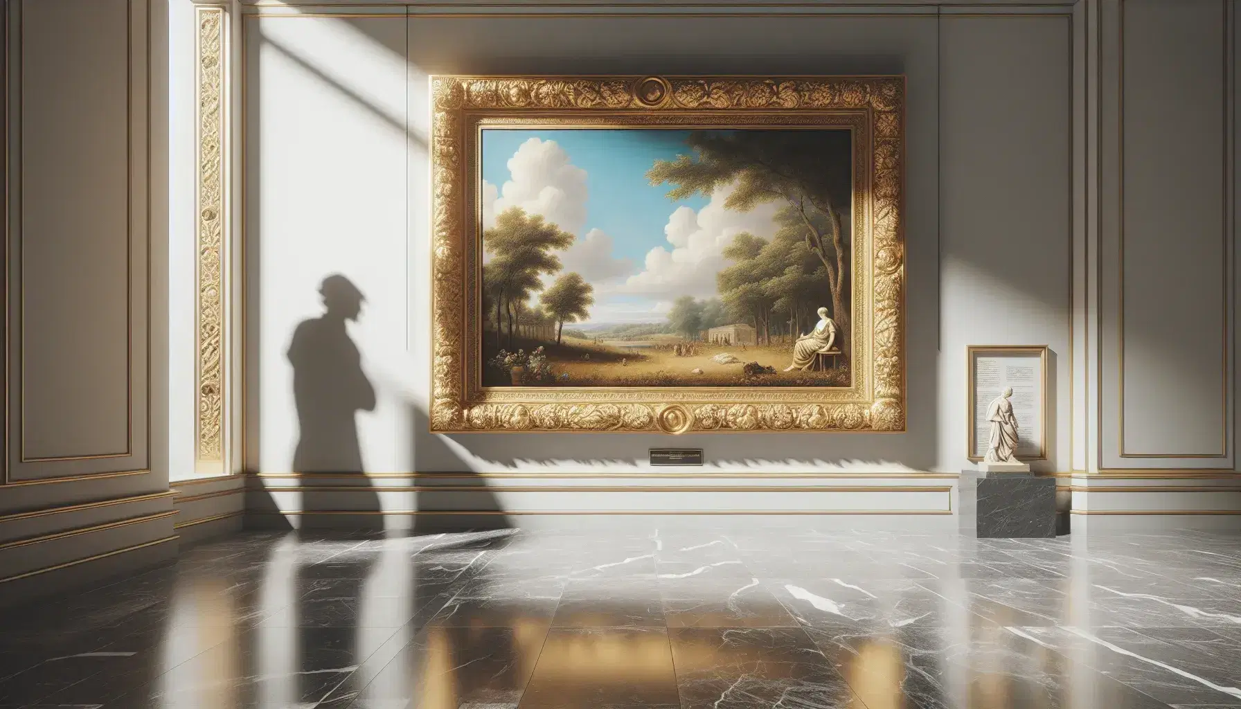 Quadro con scena rurale e figura umana in cornice dorata, ombra di statua e visitatore in museo d'arte classica.
