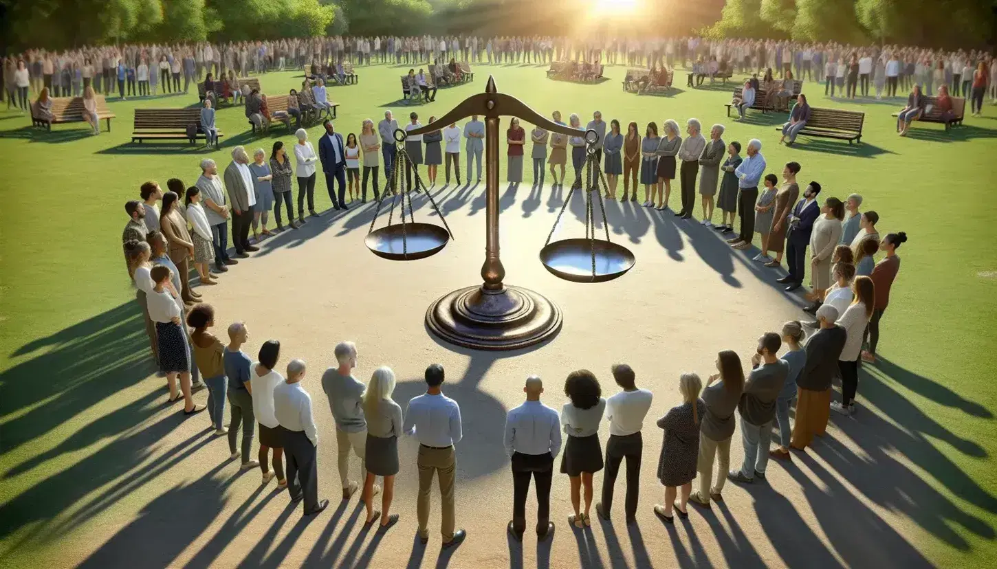 Grupo diverso de personas contempla una balanza de dos platos antigua en equilibrio en un parque, reflejando la luz del sol en un día despejado.