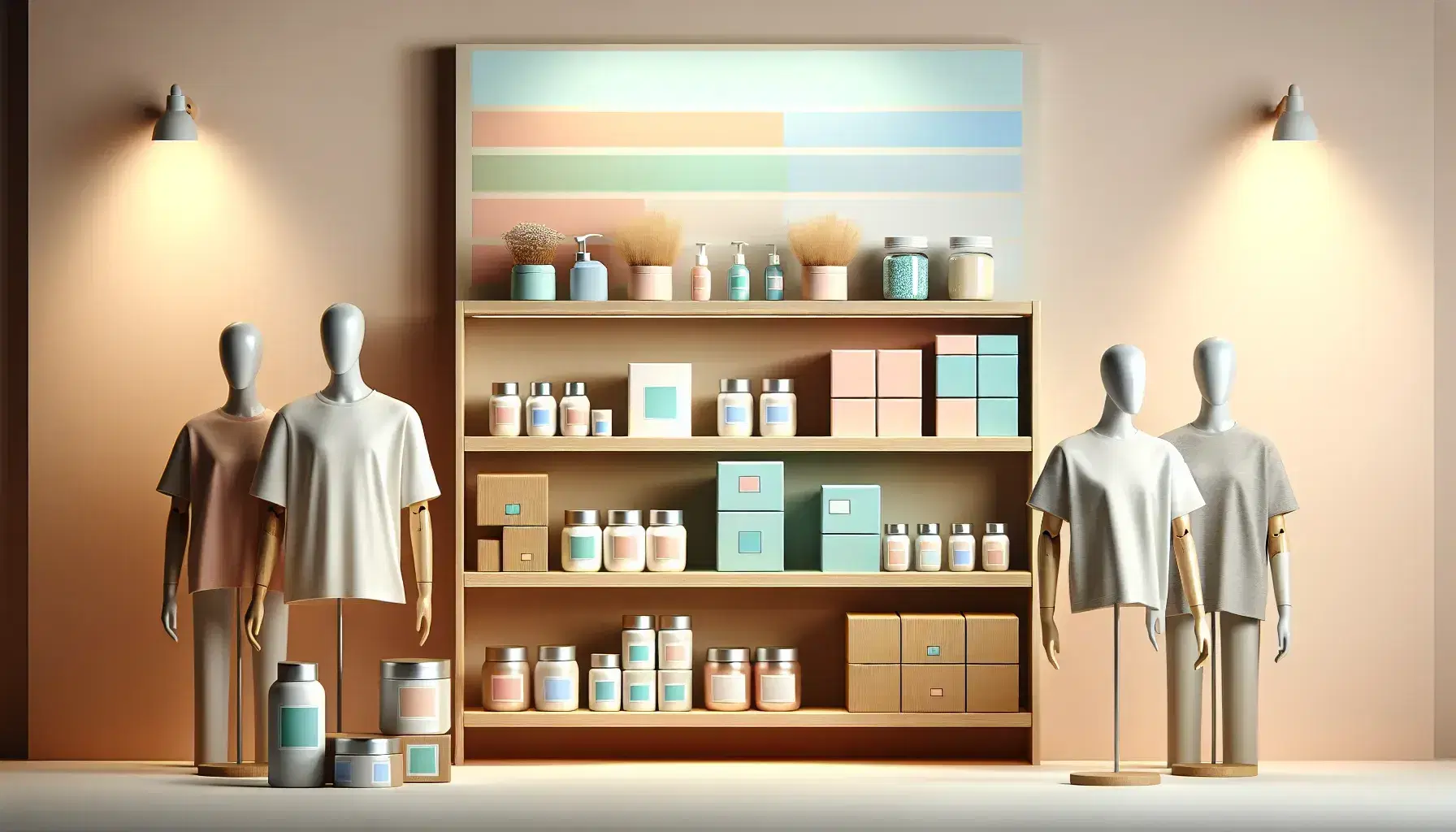 Estante de madera moderno con productos de cuidado personal sin marca, cajas de cartón y maniquíes con camisetas y blusa en tienda minimalista.