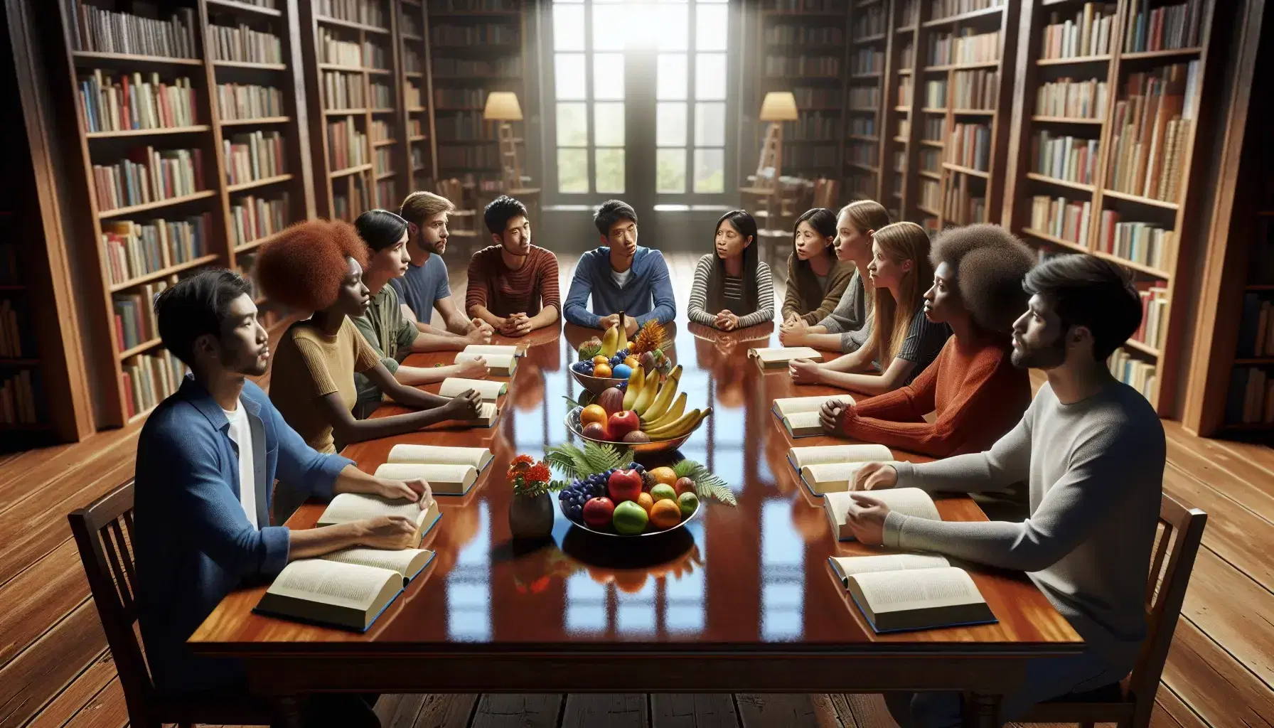 Multicultural students engaged in discussion at a library table with books, a fruit bowl centerpiece, and bookshelf background.