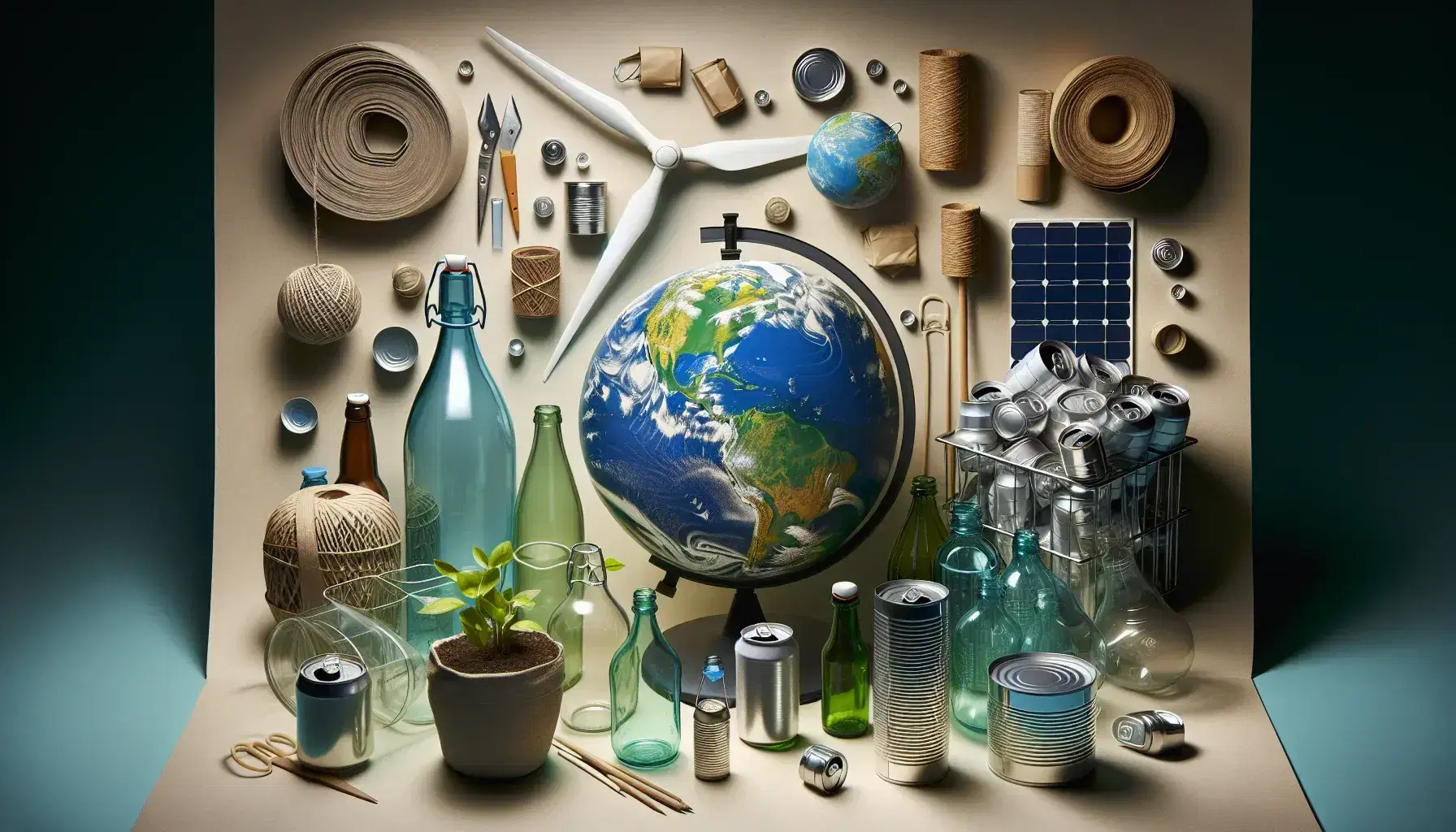 Globo terrestre circondato da oggetti sostenibili: bottiglie di vetro, lattine compresse, cartone piegato, giornali legati e simboli di energie rinnovabili.