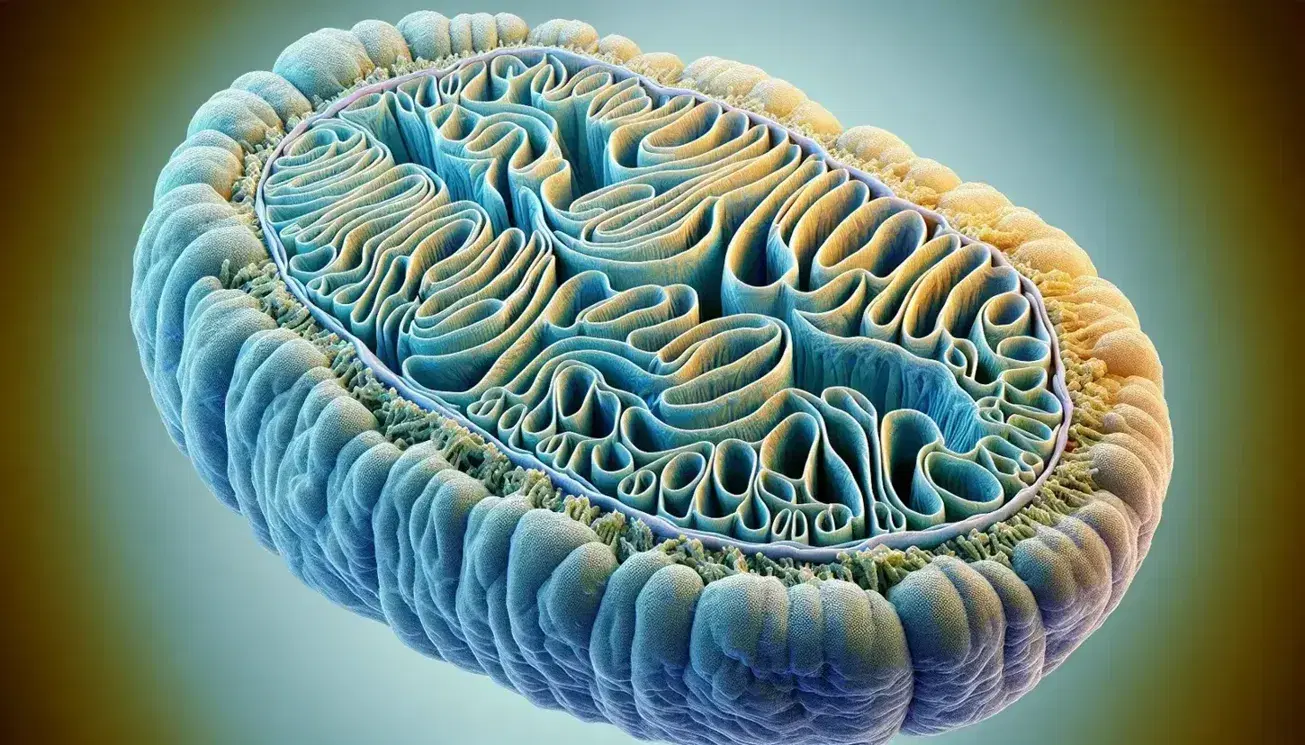 Detailed three-dimensional representation of a mitochondrion with double membrane and internal folds, cristae, in shades of blue and yellow.