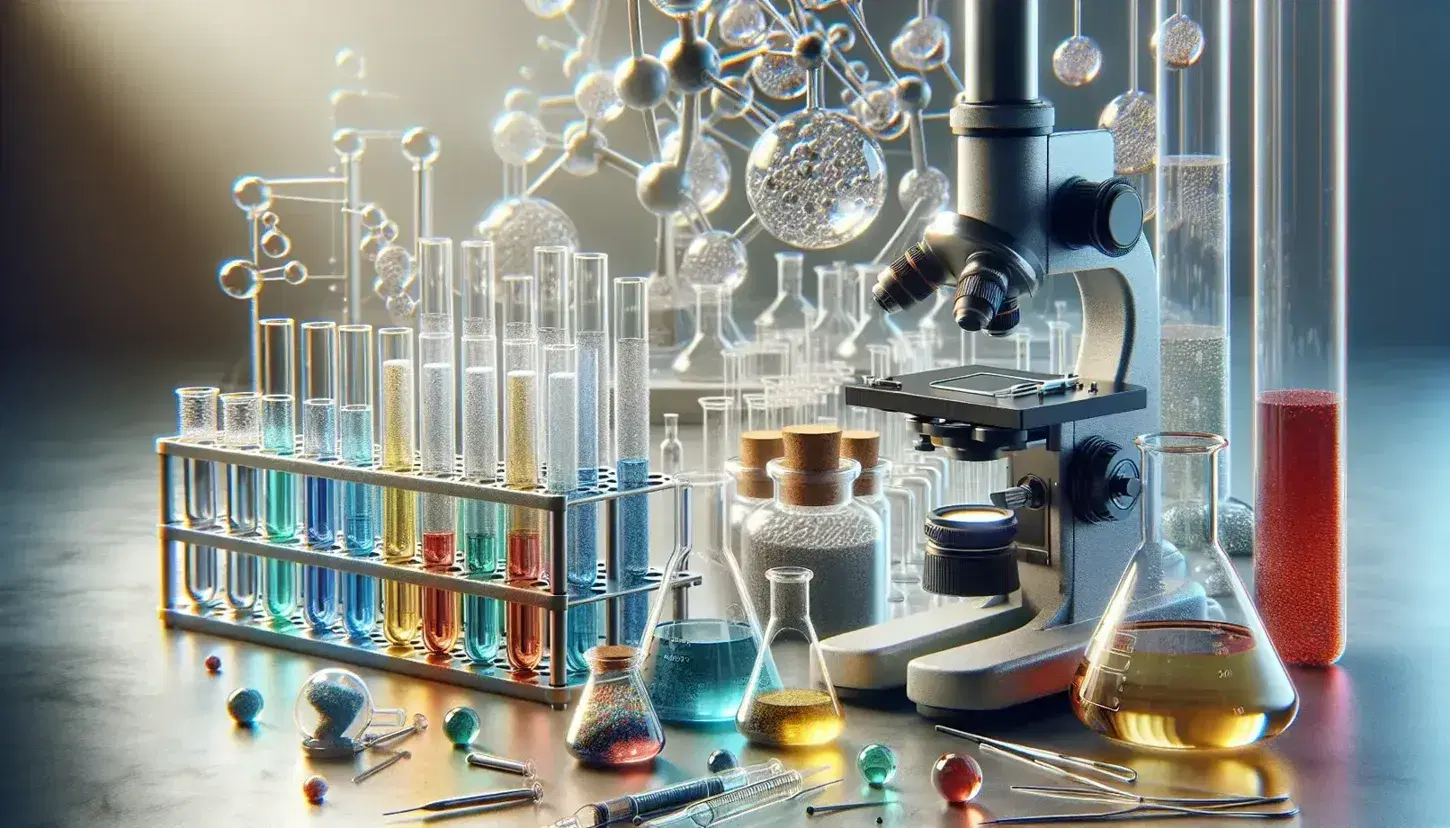 Laboratorio científico con tubos de ensayo de colores en soporte metálico, matraz de Erlenmeyer y microscopio, junto a frascos de cristal con polvos.