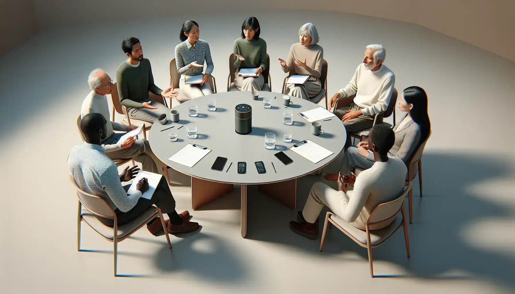 Group of six people in a focused group discussion around a round table, with a voice recorder, forms and a jug of water.