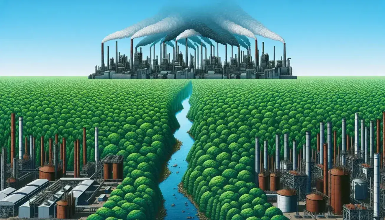 Contrasto tra foresta verde rigogliosa sotto cielo azzurro e paesaggio industriale con fumi grigi e fiume inquinato.
