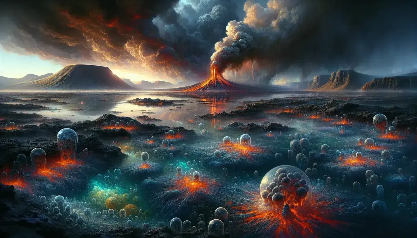 Primordial Earth landscape with a volcanic vent spewing lava and gas, stormy sky with lightning, and early organic structures by a water body.