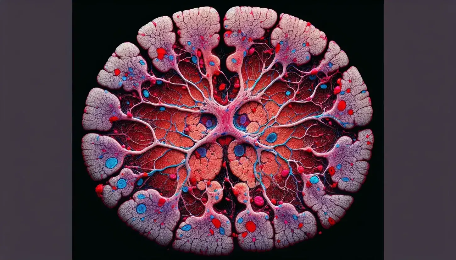 Vista microscópica de tejido cerebral humano con capilares en rojo, neuronas en azul y violeta, y fibras nerviosas en áreas más oscuras.