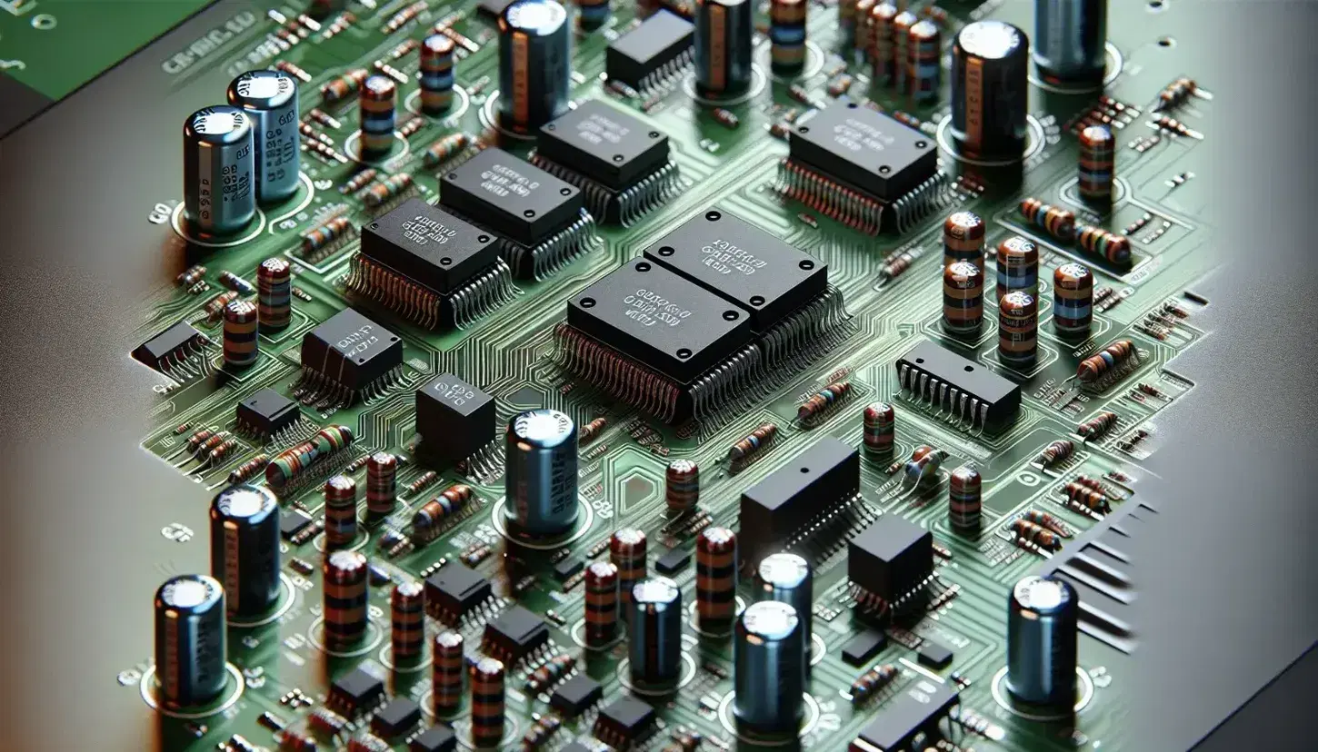 Close-up of an electronic board with various components such as colored resistors, capacitors and integrated circuits on a green base.