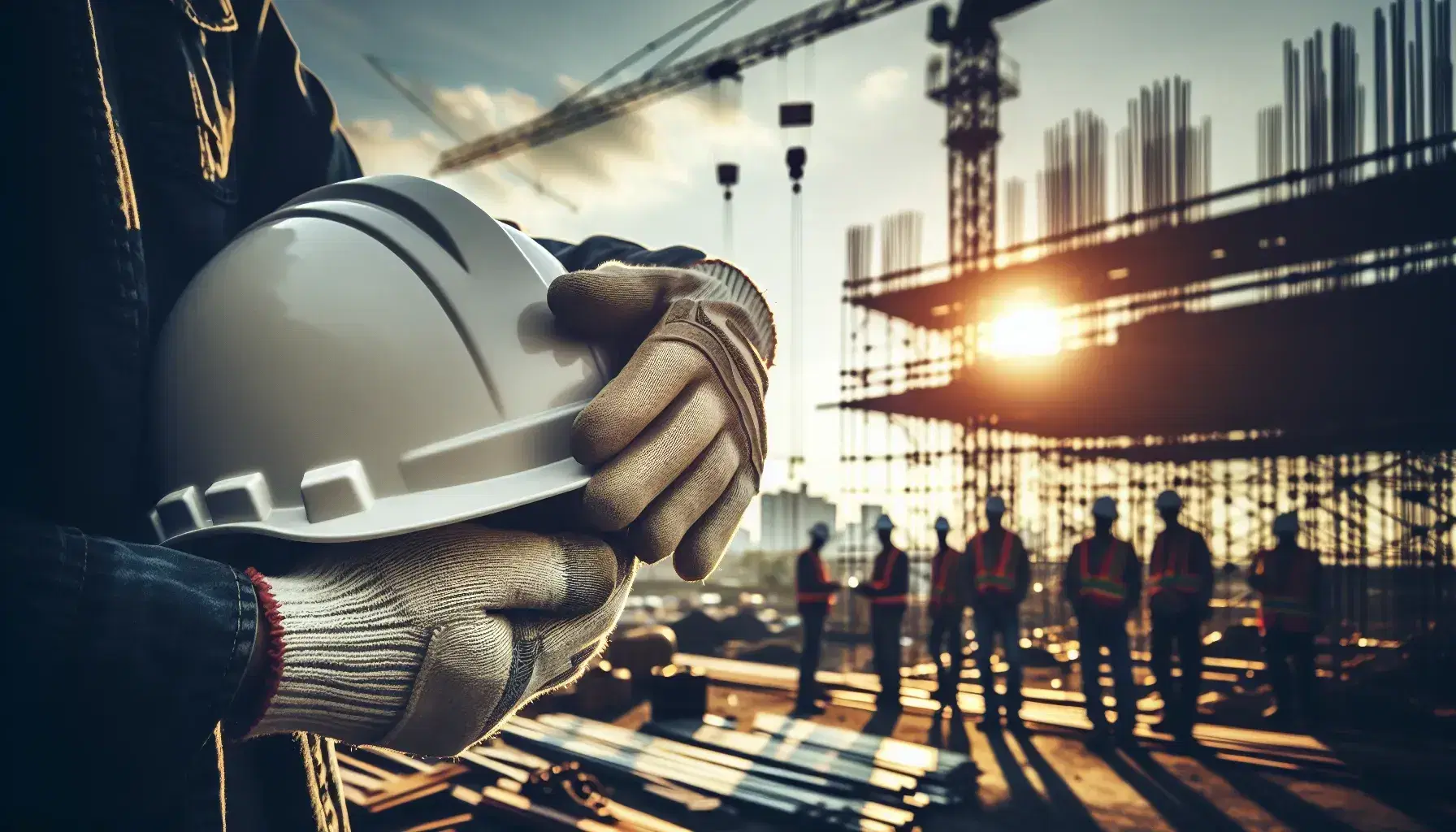 Manos con guantes de seguridad sujetando un casco blanco en un sitio de construcción con andamios y trabajadores al fondo en un día soleado.