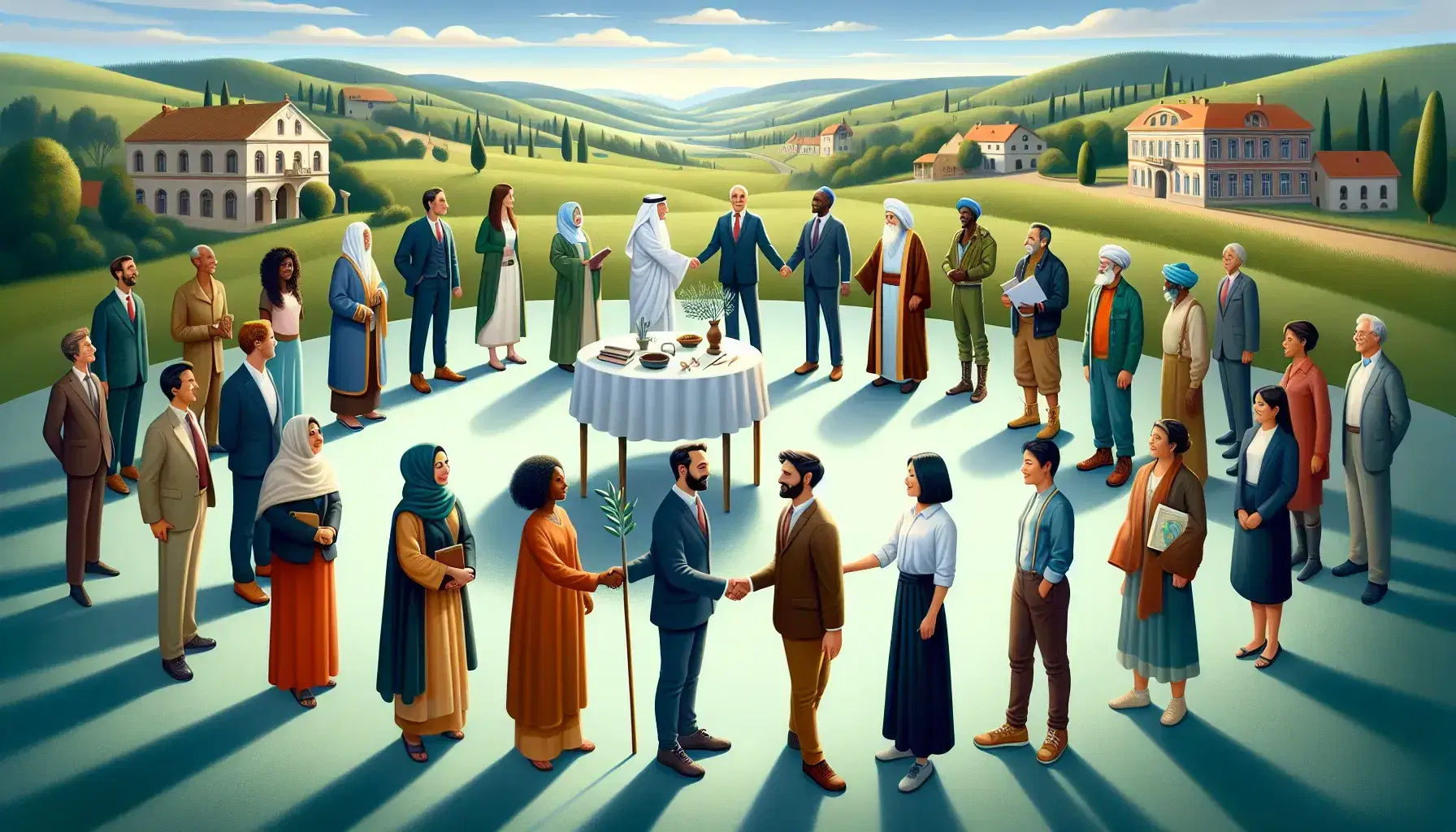 Diverse group in semi-circle with Caucasian man and Black woman shaking hands, others varied in age and ethnicity, table with olive branch and books, European backdrop.