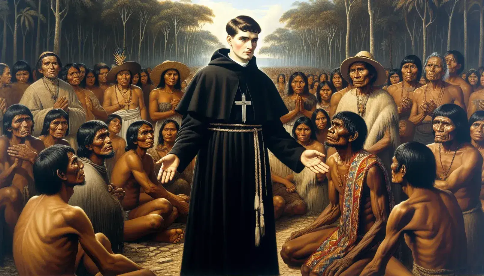 16th-century Dominican friar engaging with Indigenous Americans in a dialogue amidst a verdant New World landscape, conveying empathy and concern.