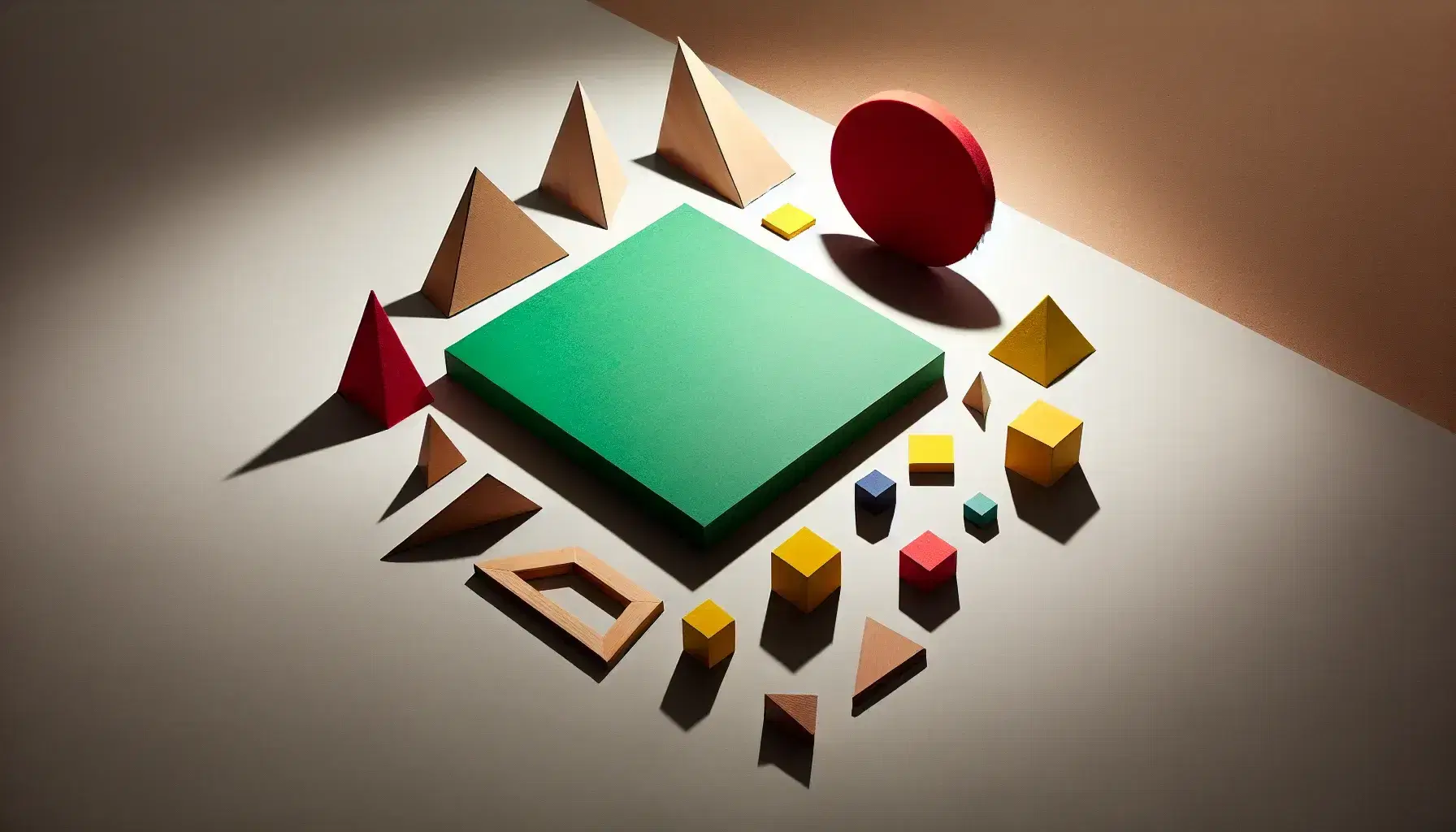Assorted geometric shapes on a light gray surface, including a green rectangle, red circle, blue triangle, yellow squares, and wooden hexagons.