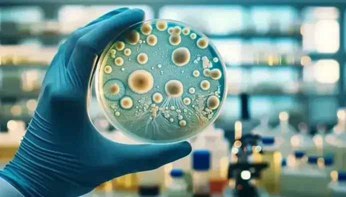 Close-up of a petri dish with varied bacterial colonies in a lab, held by a blue-gloved hand, showcasing microbiology research.