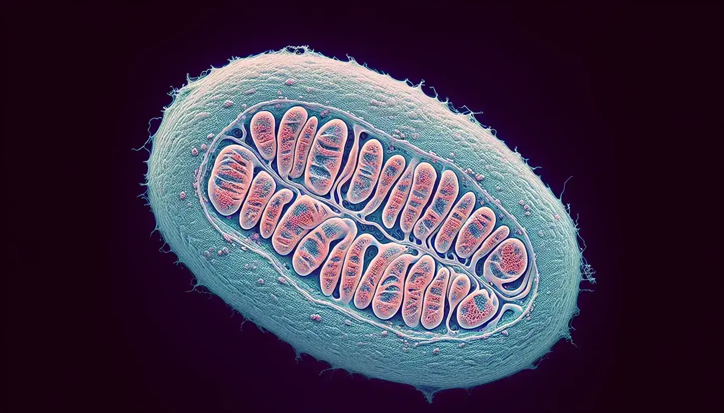 Microfotografia a colori di una cellula eucariotica con mitocondri in evidenza, dai toni rosa-rossi e creste mitocondriali visibili.