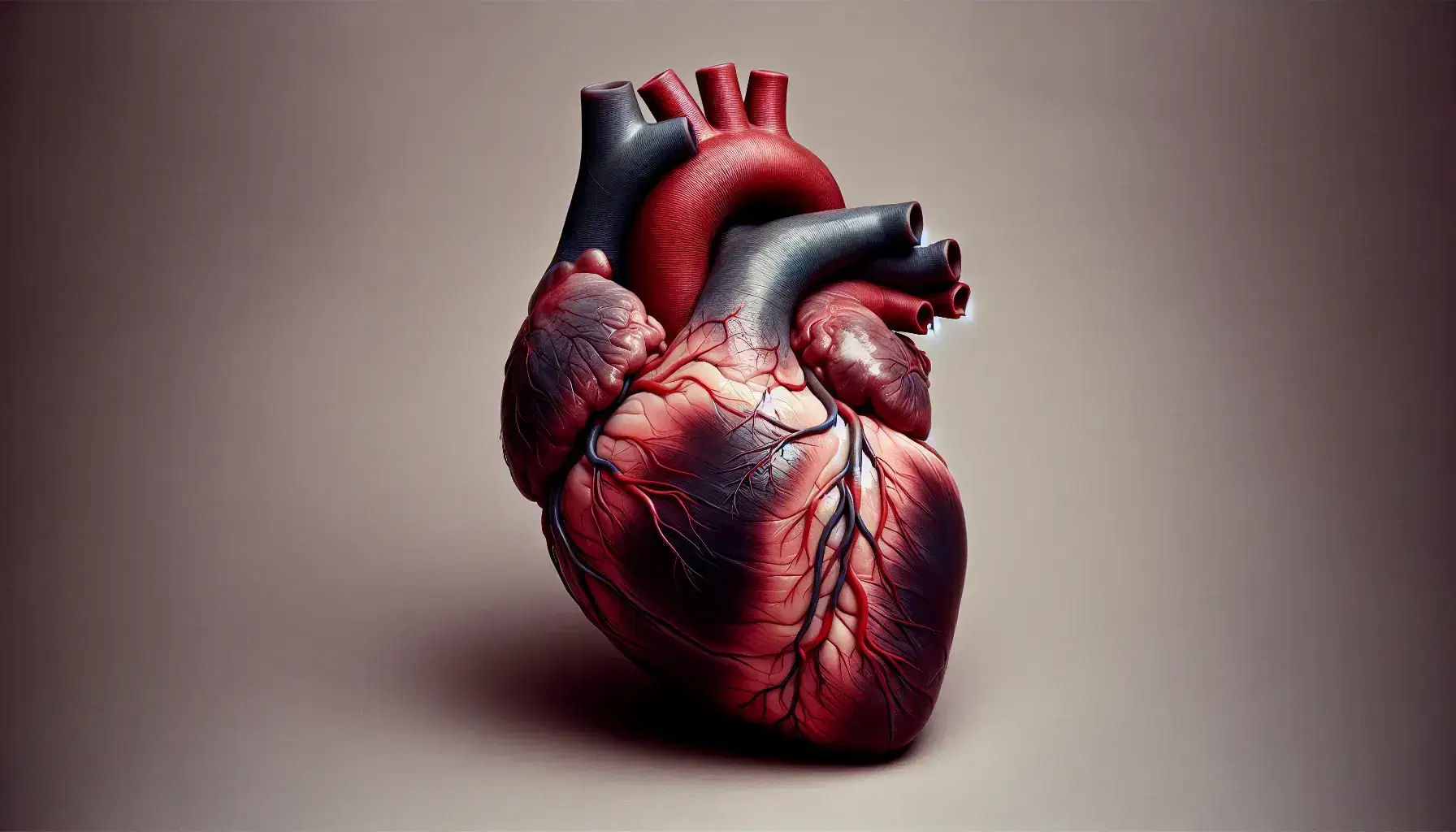 Cuore umano reale isolato su sfondo neutro, con arterie visibili e tessuto muscolare fibroso in evidenza.