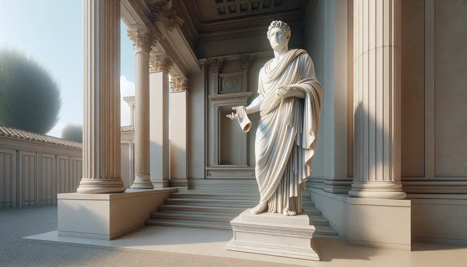 Estatua de mármol blanco de hombre con toga sosteniendo un papiro, sobre pedestal oscuro, con columnas corintias y cielo azul al fondo.