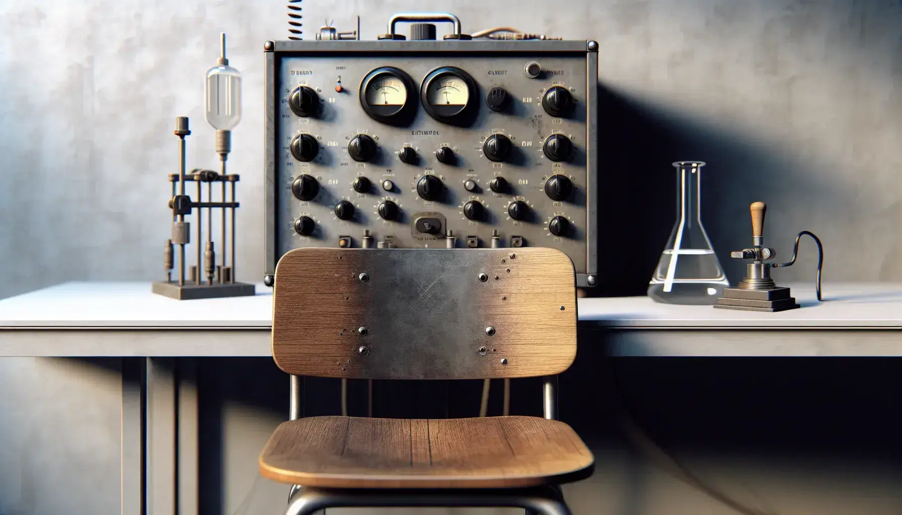 Vintage laboratory with unlabeled electroshock machine, wooden chairs and beakers with clear liquid on workbench.