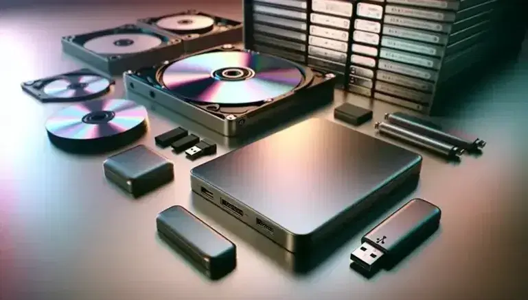Dispositivi di memoria secondaria su superficie neutra: hard disk esterno, chiavetta USB senza cappuccio, pile di CD/DVD e SSD grigio chiaro.