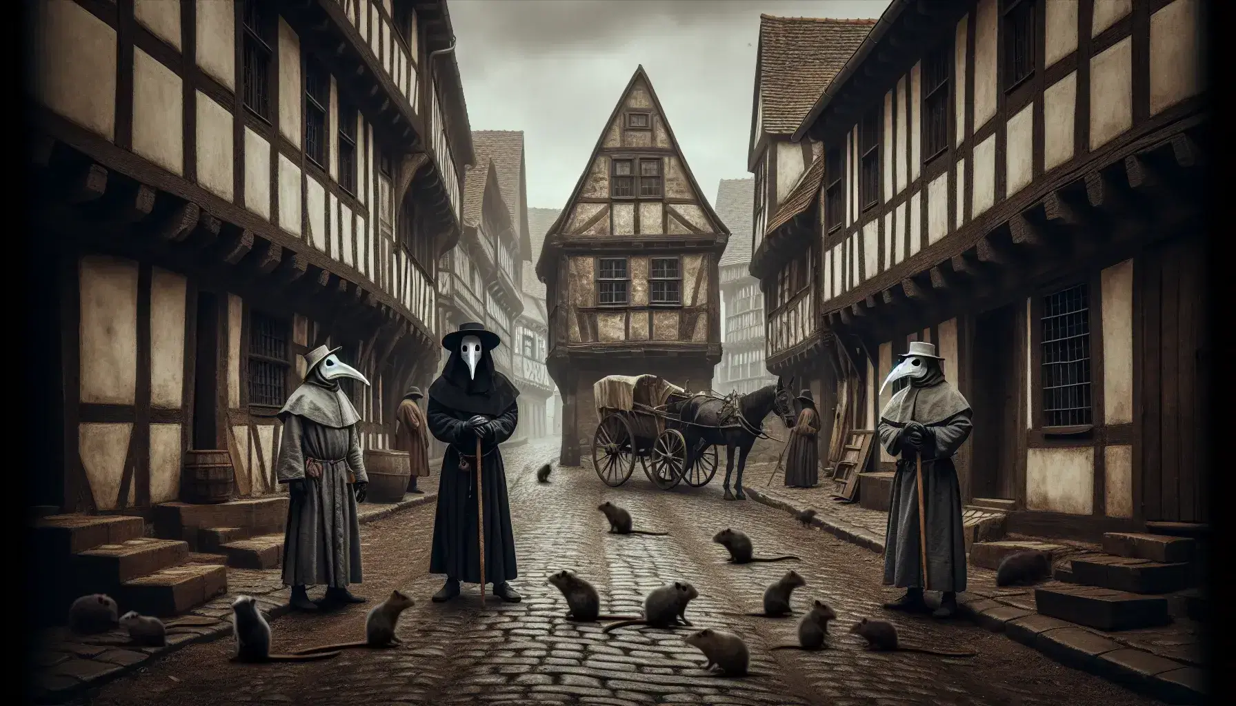 Medieval European street during the Black Death with three plague doctors in beaked masks and robes, cobblestone path, timber houses, and rats.